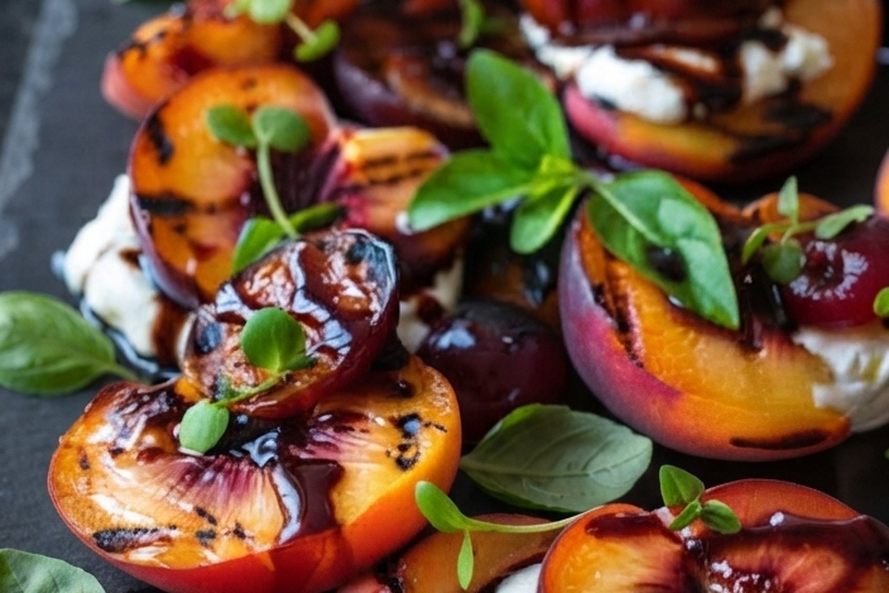 Grilled peach and plum halves on dark slate with balsamic glaze and torn basil.